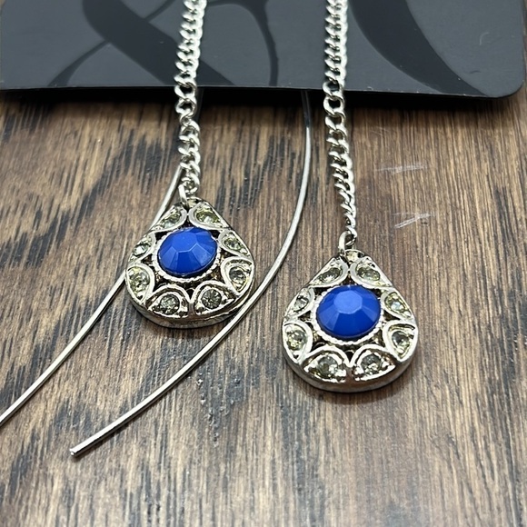 Tread earrings Silver Tone with Rhinestones and Blue Center Long Adjustable - Picture 4 of 8